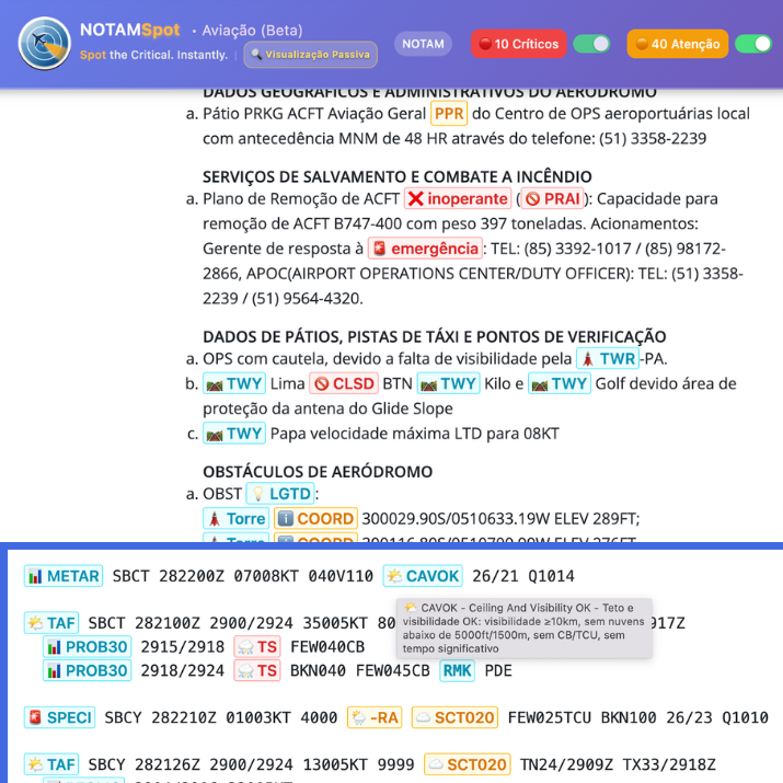NOTAMSpot dashboard showing risk severity color coding: 2 CRITICAL (red), 3 WARNING (yellow), 6 ADVISORY (blue) NOTAMs with verified official site status and Force Search activated.