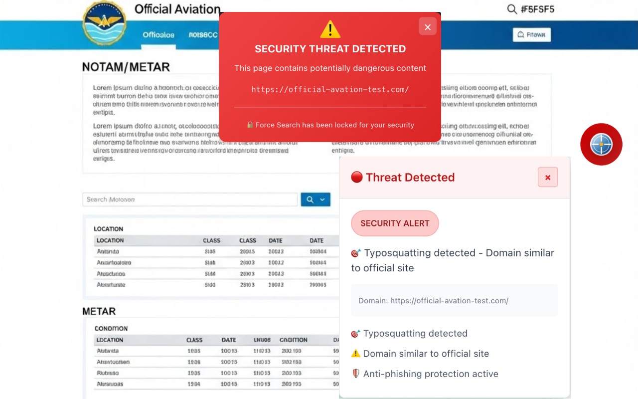NOTAMSpot showing a red security alert detecting typosquatting on a lookalike aviation portal domain and locking Force Search
