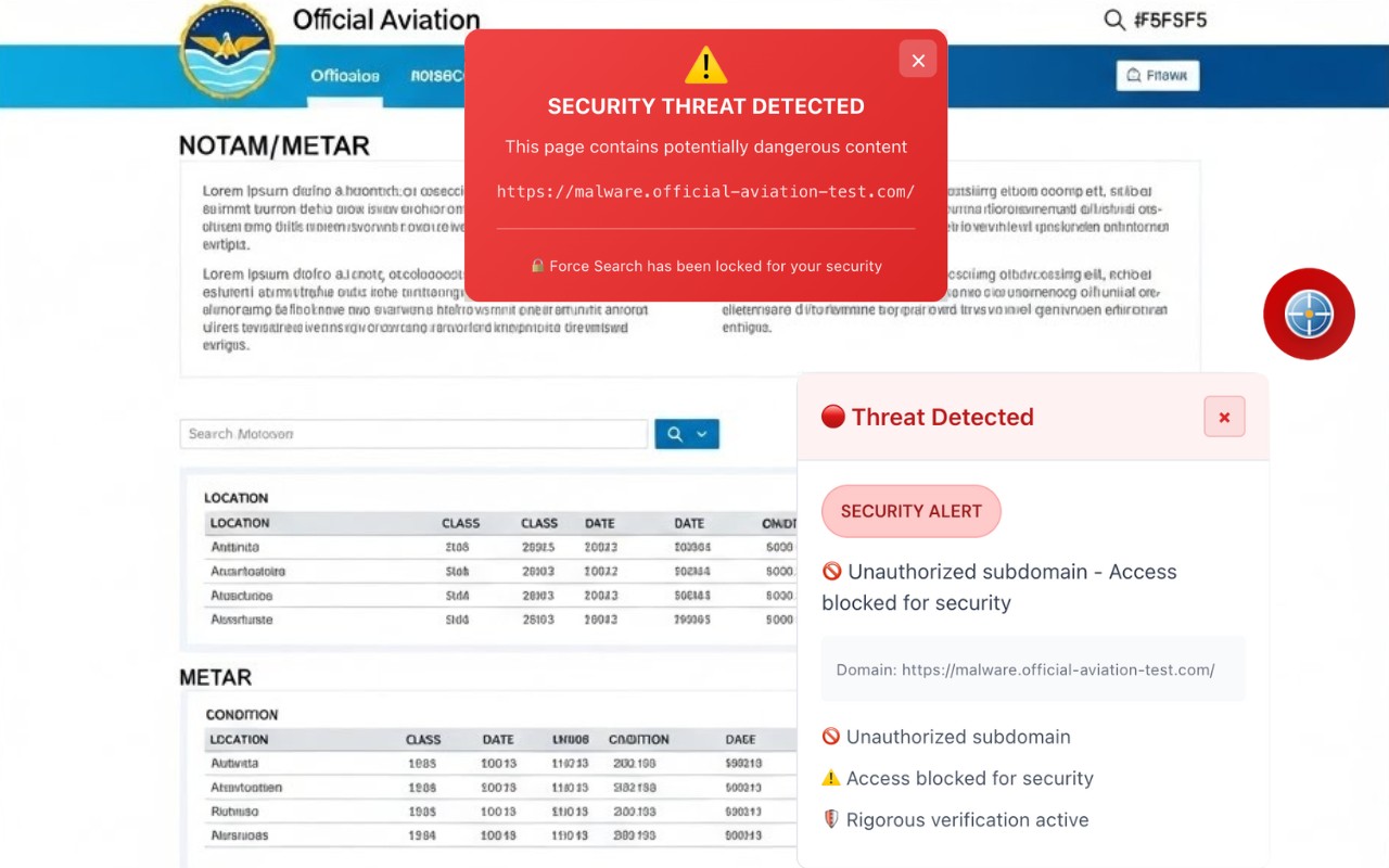 NOTAMSpot showing a red security alert blocking an unauthorized subdomain and locking Force Search for user safety
