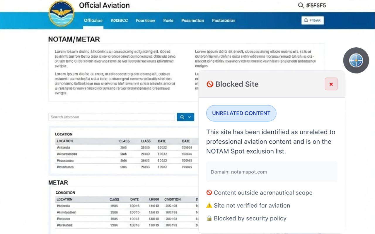 NOTAMSpot showing a "Blocked Site" panel for a non-whitelisted domain outside the aviation content scope