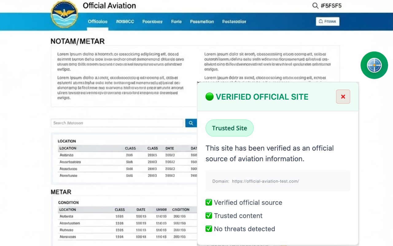 NOTAMSpot showing a green "Verified Official Site" badge with real-time domain validation and official-source whitelist